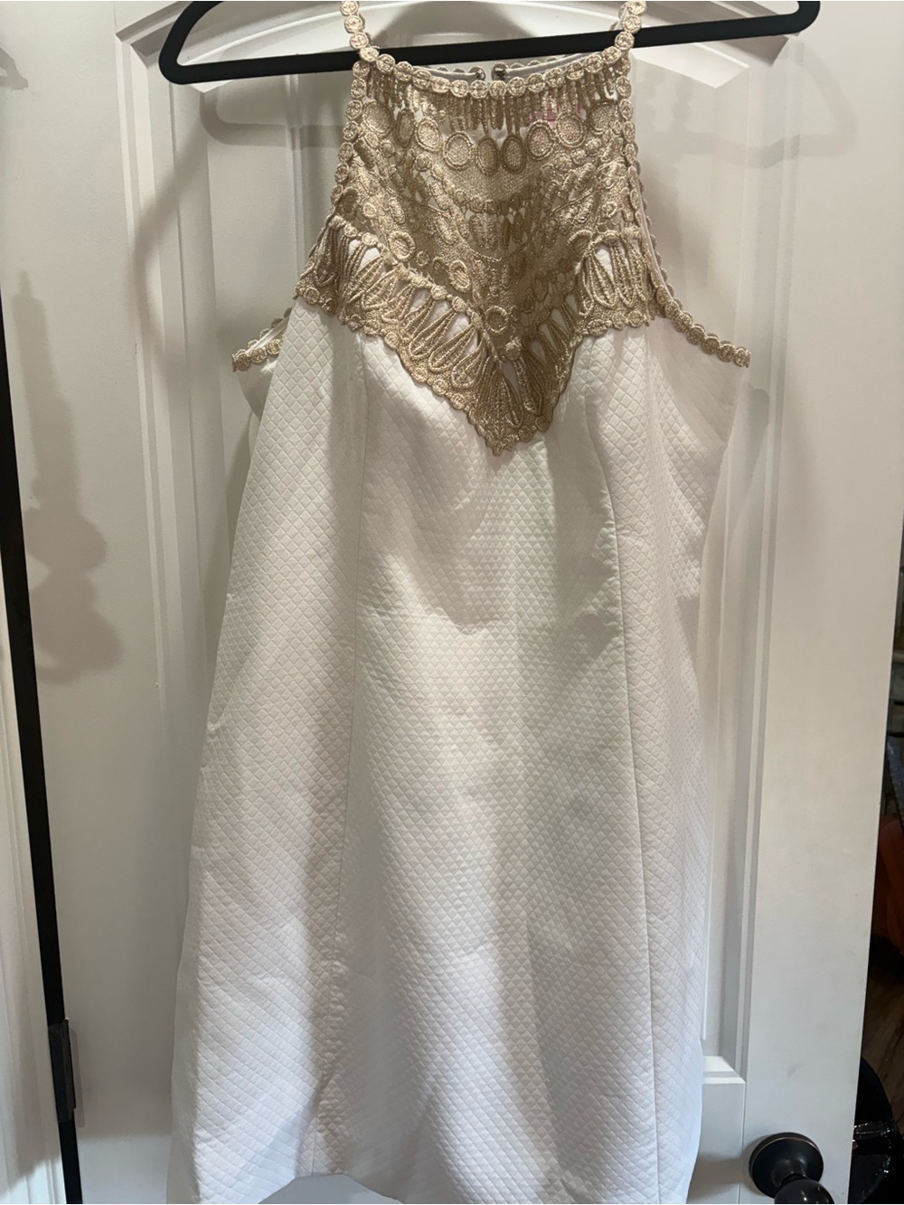 Lilly Pulitzer White Dress with Gold Crochet Halter Yoke